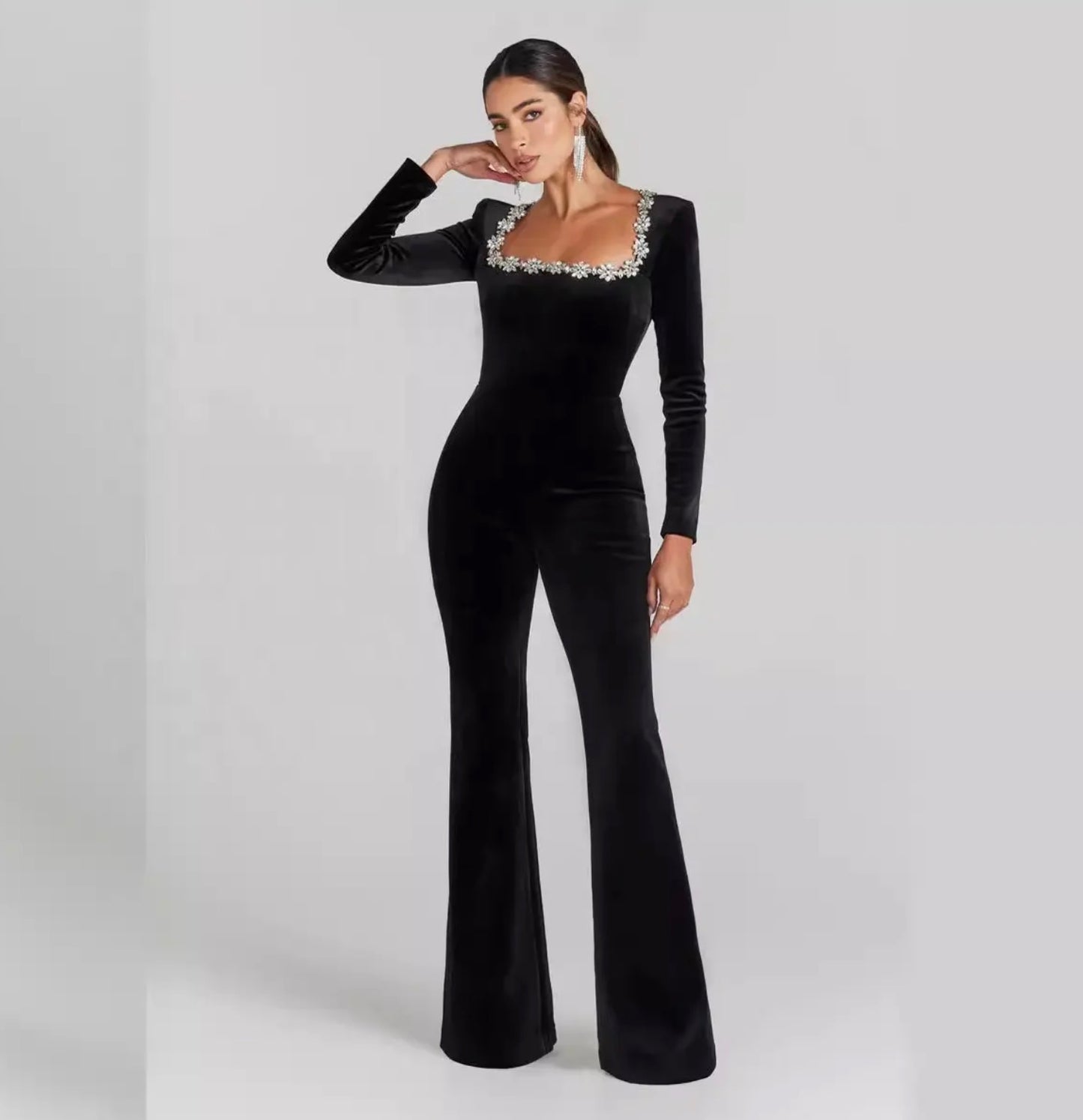 Rhinestones Diamond Hollow Solid Color Bandage Jumpsuit Woman Lady Office Wear Jumpsuits For Women