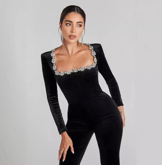 Rhinestones Diamond Hollow Solid Color Bandage Jumpsuit Woman Lady Office Wear Jumpsuits For Women