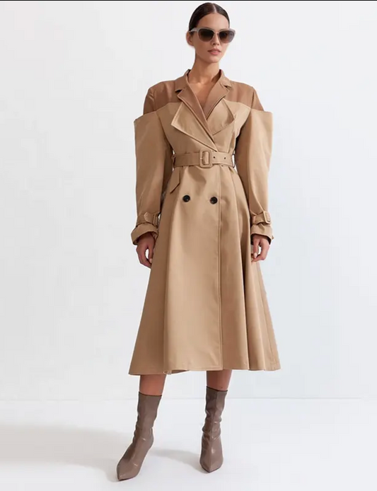 Splice Contrast Color Long Double-Breasted Sashes Elegant Coat Casual Trench Coat Simple Women's Coats